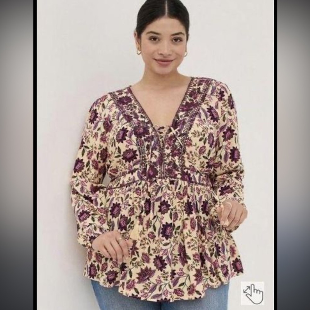Torrid Blouse Top Babydoll Rayon‎ Crepe Embroidered Lace Up Boho Purple